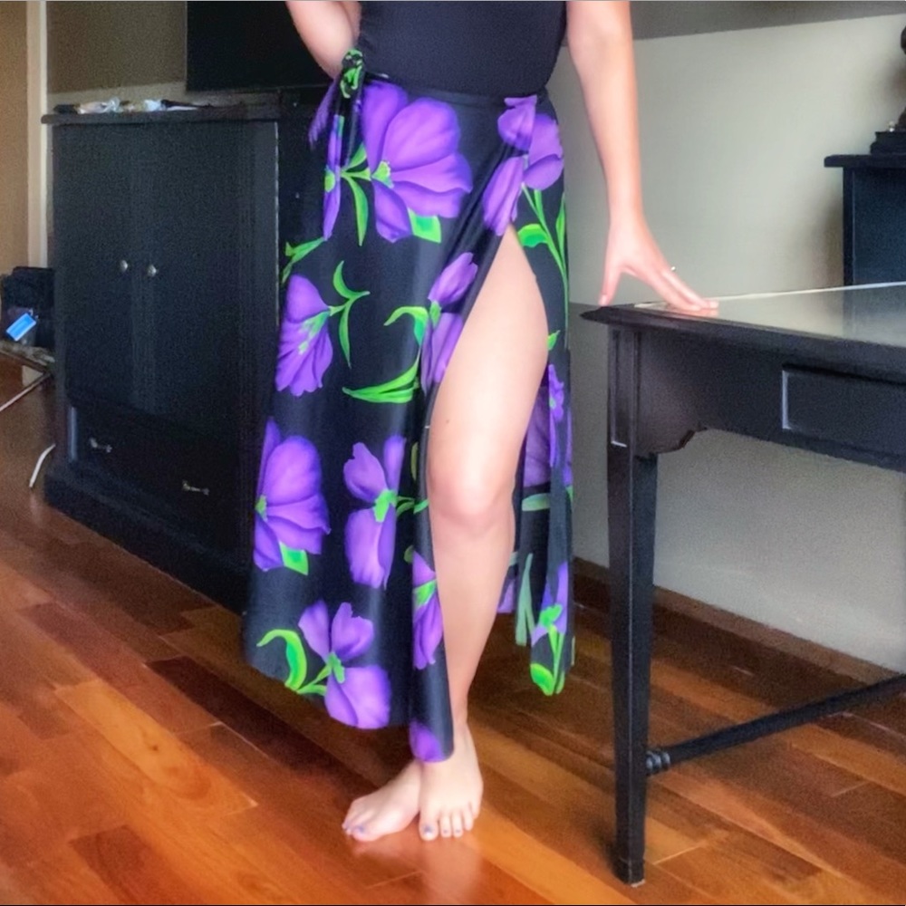 Long black and purple wrap skirt